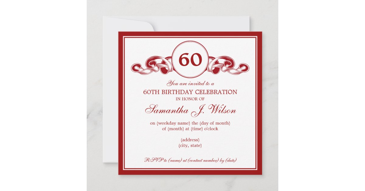 Elegant 60th Birthday Swirly Ribbon Red Invitation | Zazzle