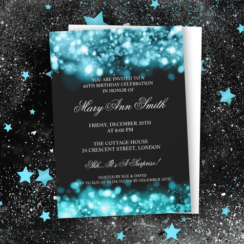 Elegant 60th Birthday Turquoise Sparkling Lights Invitation