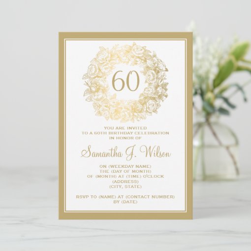 Elegant 60th Birthday Vintage Roses Gold Invitation | Zazzle