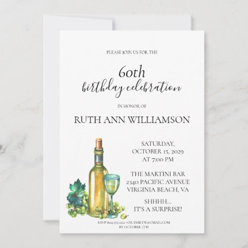 Elegant 60th Birthday White Wine Surprise Party  Invitation