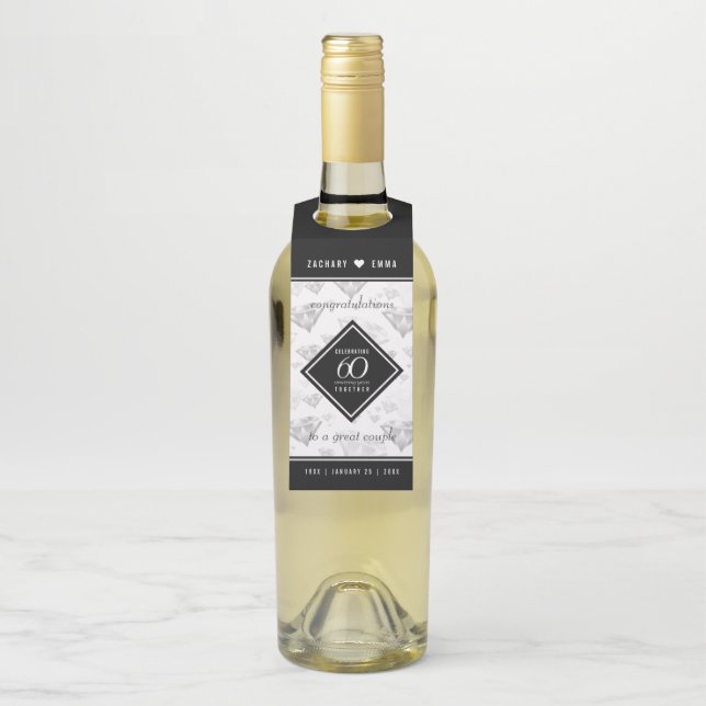 Elegant 60th Diamond Wedding Anniversary Bottle Hanger Tag (On Bottle)