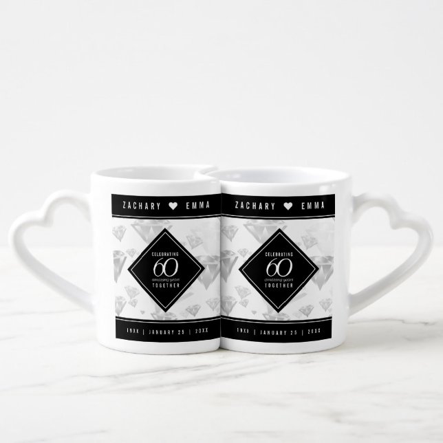 Elegant 60th Diamond Wedding Anniversary Coffee Mug Set (Back Nesting)