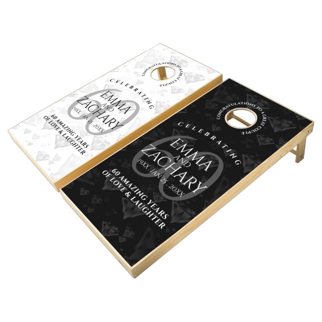 Elegant 60th Diamond Wedding Anniversary Cornhole Set (Angled)