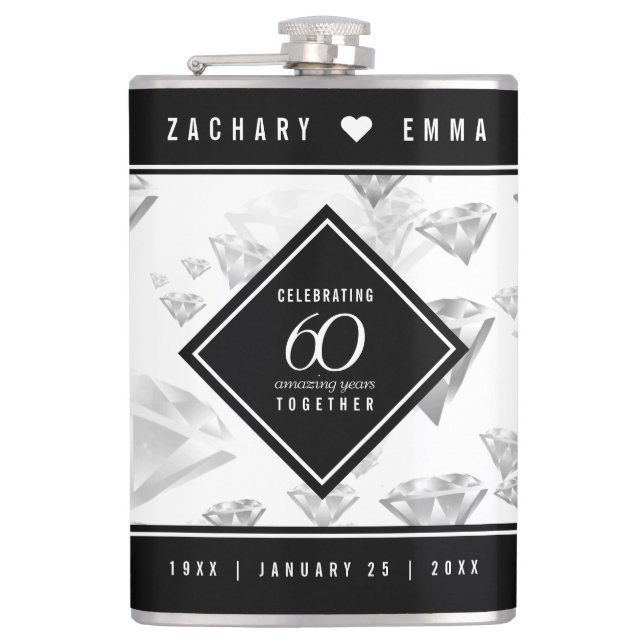 Elegant 60th Diamond Wedding Anniversary Flask (Front)