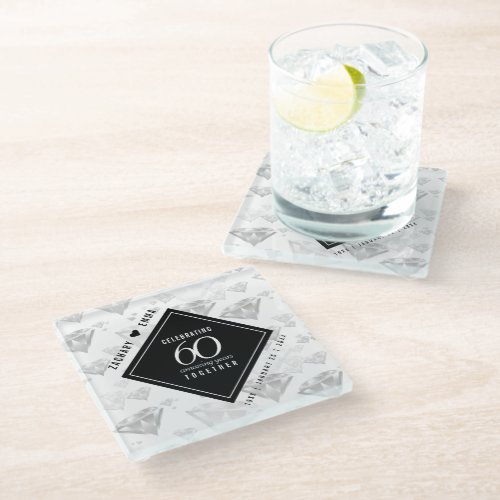 Elegant 60th Diamond Wedding Anniversary Glass Coaster