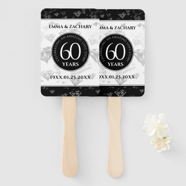 Elegant 60th Diamond Wedding Anniversary Hand Fan (Front and Back)