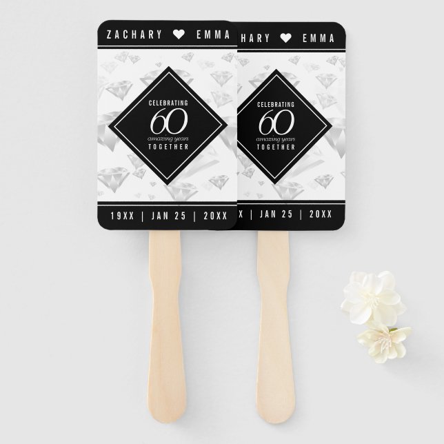 Elegant 60th Diamond Wedding Anniversary Hand Fan (Front and Back)
