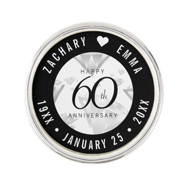 Elegant 60th Diamond Wedding Anniversary Lapel Pin (Front)