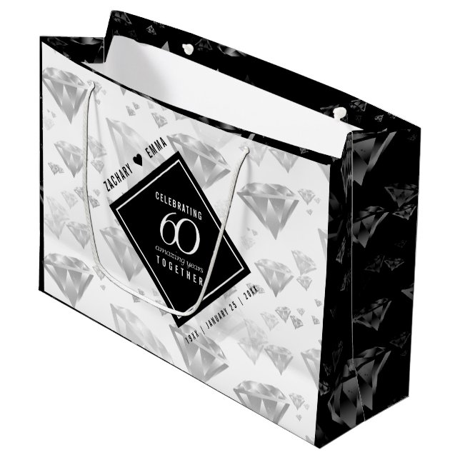 Elegant 60th Diamond Wedding Anniversary Large Gift Bag (Front Angled)
