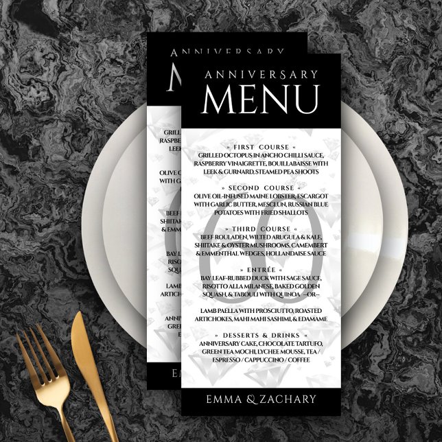 Elegant 60th Diamond Wedding Anniversary Menu (Elegant 60th Diamond Wedding Anniversary Menu Rack Card Cover Photo.)