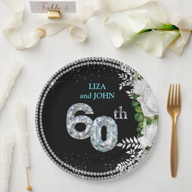 Elegant 60th Diamond Wedding Anniversary Paper Plates (Wedding)