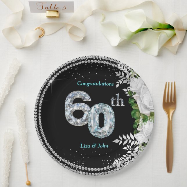 Elegant 60th Diamond Wedding Anniversary Paper Plates (Wedding)