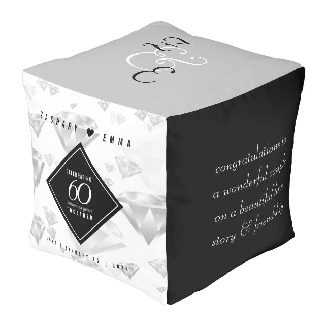 Elegant 60th Diamond Wedding Anniversary Pouf (Angled Front)