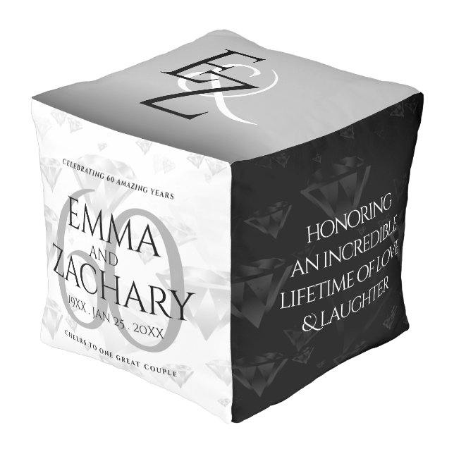 Elegant 60th Diamond Wedding Anniversary Pouf (Angled Front)