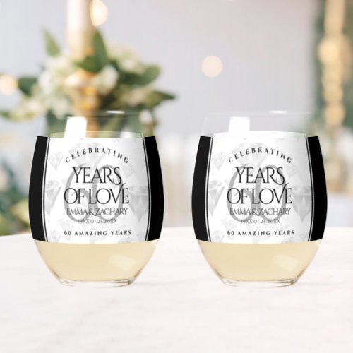 Elegant 60th Diamond Wedding Anniversary Stemless Wine Glass
