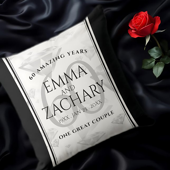 Elegant 60th Diamond Wedding Anniversary Throw Pillow (EO 60th Wedding Anniversary Throw Pillow on Black Satin Cover Photo.)