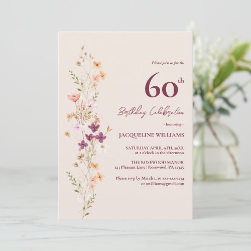 Elegant 60th Floral Wildflower Champagne Birthday Invitation