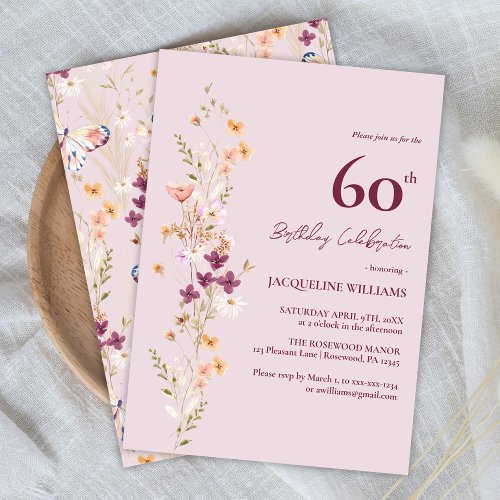 Elegant 60th Floral Wildflower Lavender Birthday Invitation