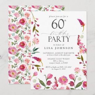 Elegant 60th Pink Watercolor Floral Birthday  Invitation