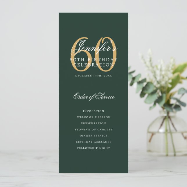 Elegant 60th Program Gold Green Menu+Thank You (Standing Front)
