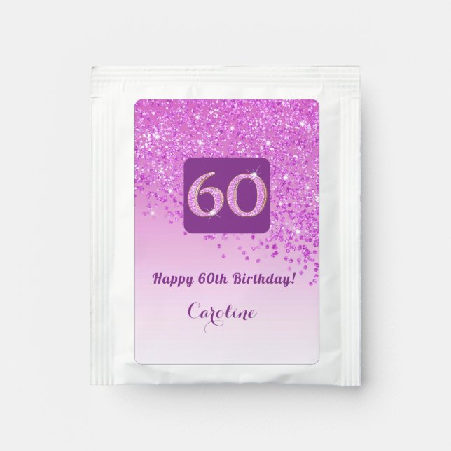 Elegant 60th Tea Birthday Party Pink Glitter Tea Bag Drink Mix (Front)