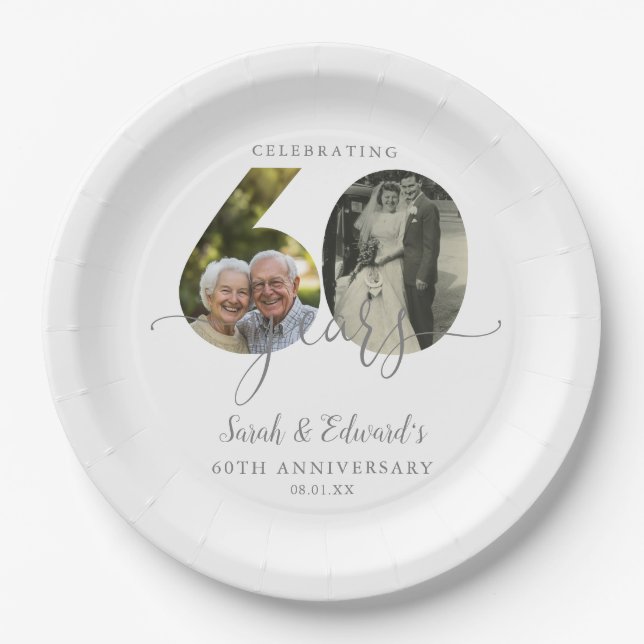 Elegant 60th Wedding Anniversary 2 Photo Paper Plates (Front)