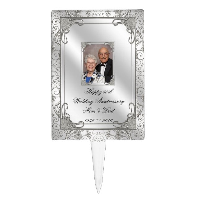Elegant 60th Wedding Anniversary Photo Cake Topper (Front)