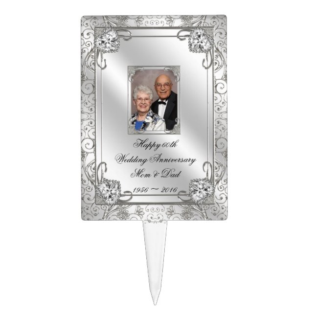 Elegant 60th Wedding Anniversary Photo Cake Topper (Front)