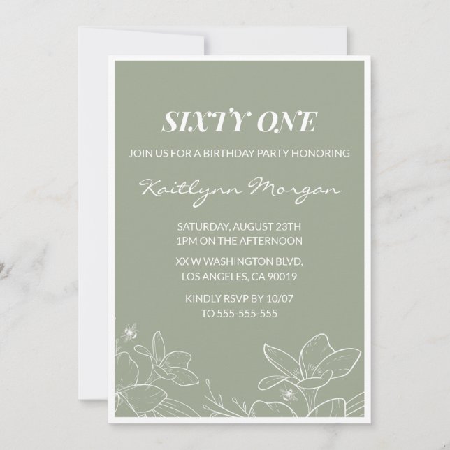 Elegant 61st birthday invitations Floral Green (Front)