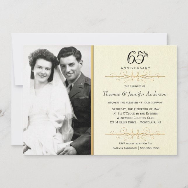 Elegant 65th Anniversary Invitations with Photo (Front)