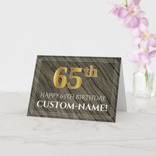 Elegant 65th Birthday: Faux Wood, Faux Gold Look Card (Orchid)