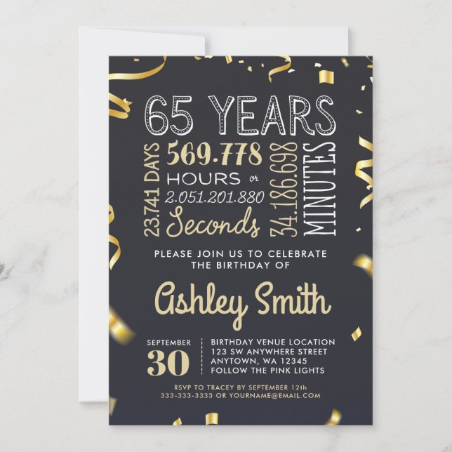 Elegant 65th Birthday Invitation Gold Glitter (Front)