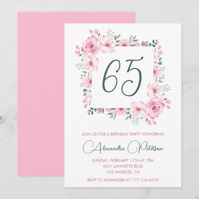 Elegant 65th birthday invitations Floral  Pink (Front/Back)