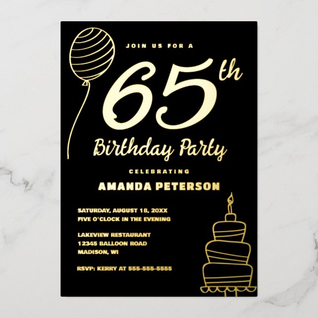 Elegant 65th Birthday Party Real Gold Foil Invitation (Front)