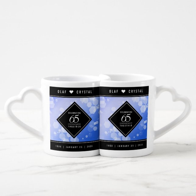 Elegant 65th Blue Sapphire Wedding Anniversary Coffee Mug Set (Front Nesting)