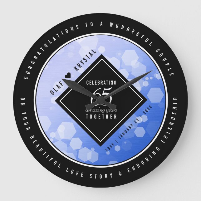 Elegant 65th Blue Sapphire Wedding Anniversary Large Clock (Front)