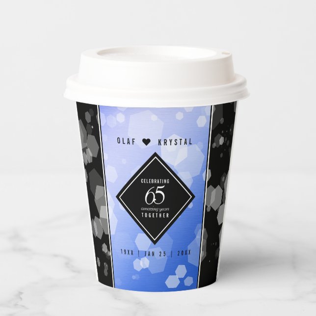 Elegant 65th Blue Sapphire Wedding Anniversary Paper Cups (Front)