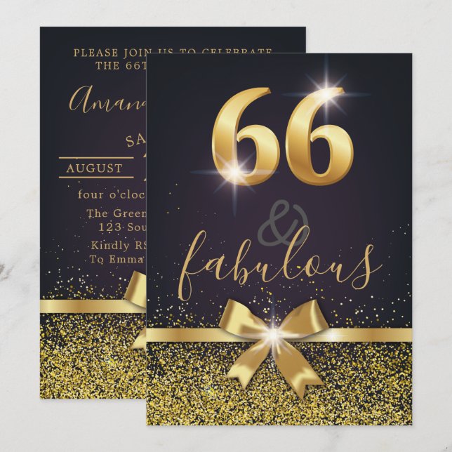 Elegant 66 & Fabulous Gold Glitter 66th Birthday Invitation (Front/Back)
