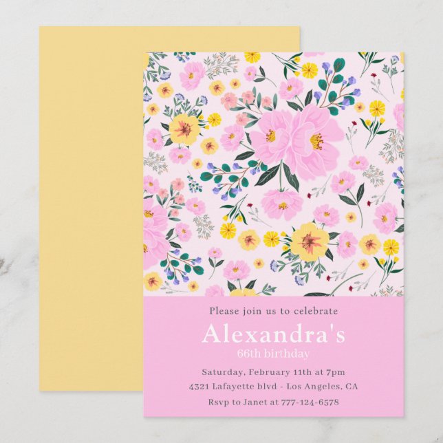 Elegant 66th birthday invitations Floral Chic Pink (Front/Back)