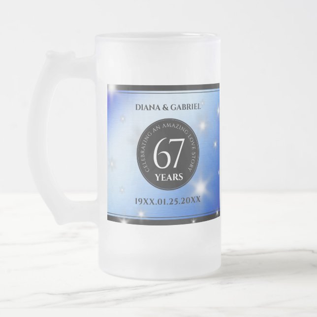 Elegant 67th Star Sapphire Wedding Anniversary Frosted Glass Beer Mug (Left)