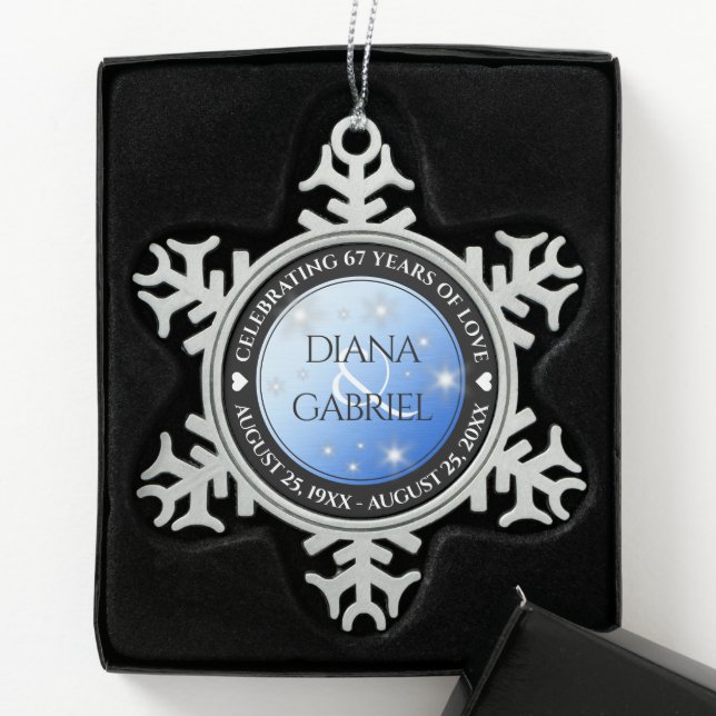 Elegant 67th Star Sapphire Wedding Anniversary Snowflake Pewter Christmas Ornament (Box)