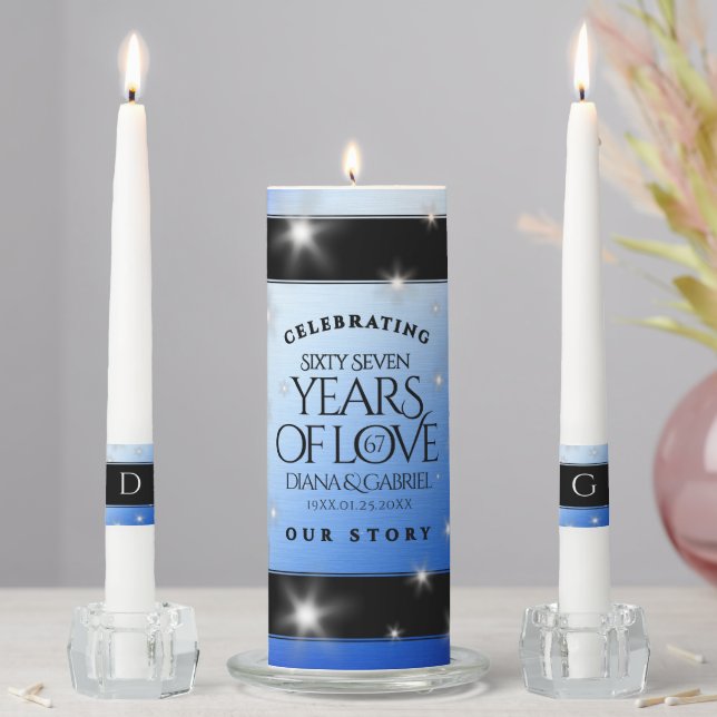 Elegant 67th Star Sapphire Wedding Anniversary Unity Candle Set (In Situ)