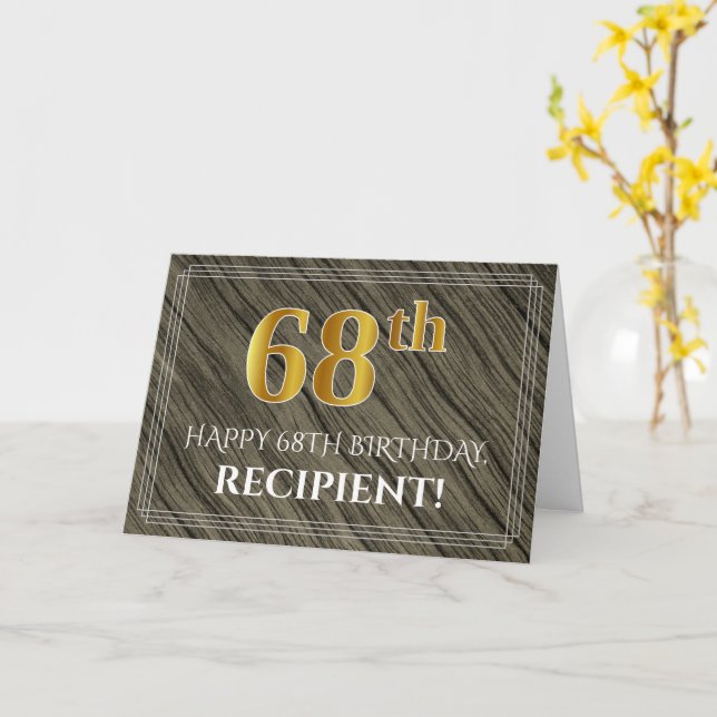 Elegant 68th Birthday: Faux Wood, Faux Gold Look Card (Yellow Flower)