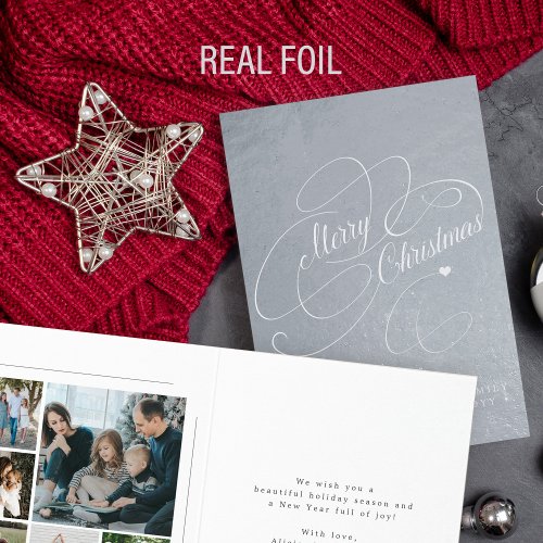 Elegant 6 family photos Merry Christmas script Foi Foil Card