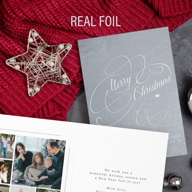 Elegant 6 family photos Merry Christmas script Foi Foil Card (Creator Uploaded)