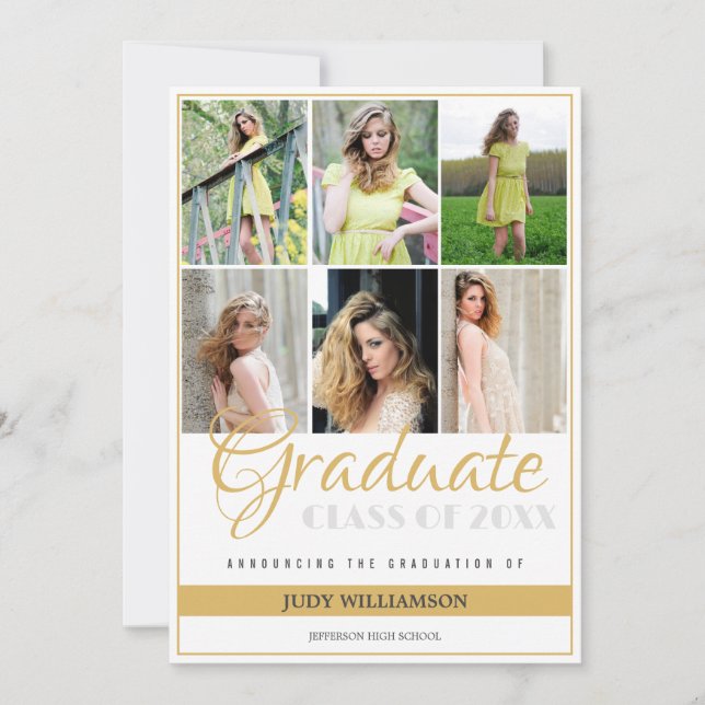 Elegant 6 Photo Collage White and Gold Graduation Announcement (Front)