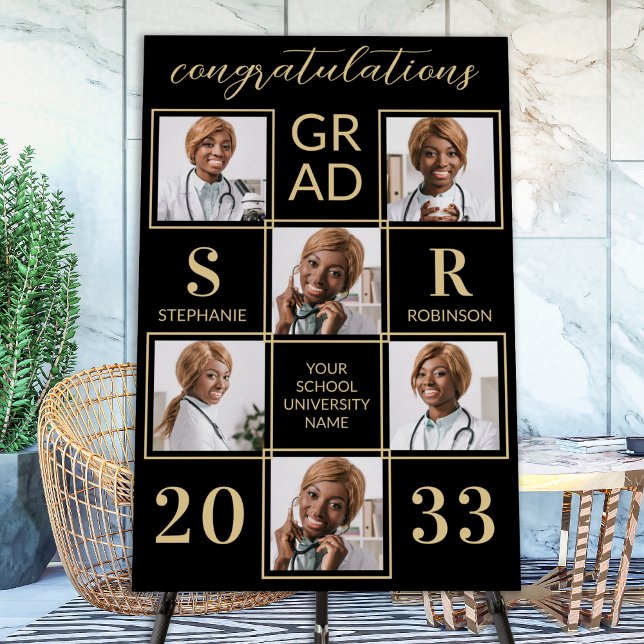 Elegant 6 Photo Personalized Black Gold Graduation Foam Board (Creator Uploaded)