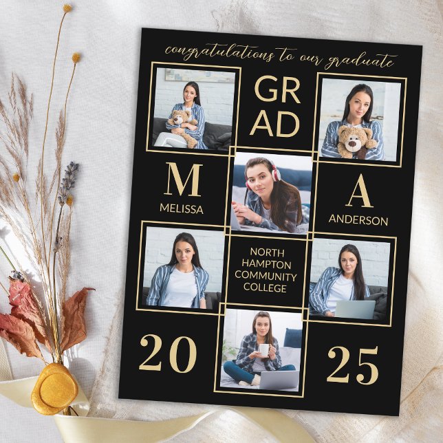Elegant 6 Photo Personalized Black Gold Graduation Invitation Postcard (Creator Uploaded)