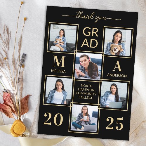 Elegant 6 Photo Personalized Black Gold Graduation Thank You Card