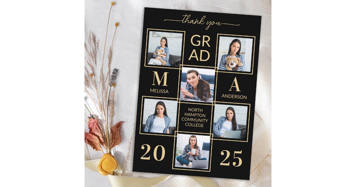Elegant 6 Photo Personalized Black Gold Graduation Thank You Card | Zazzle